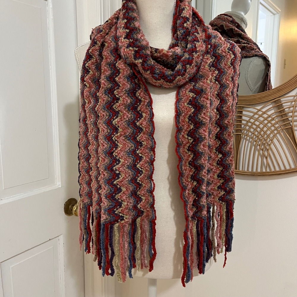 Crochet Chenile Chevron Scarf Multicolor Fringe Boho Cozy